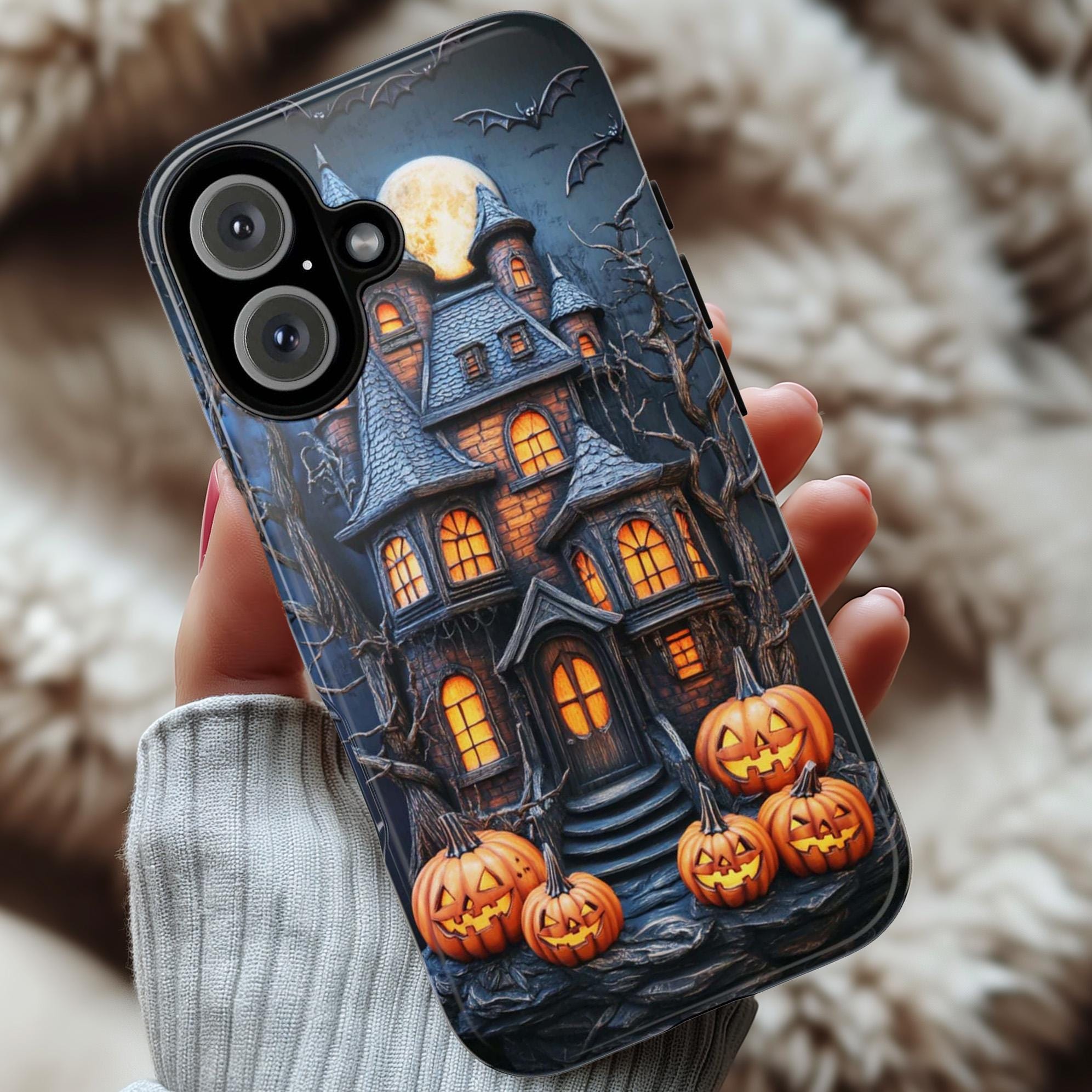 Halloween Haunted House Phone Case, 3D Effect Spooky Design with Pumpkins, Creepy Autumn Cover for iPhone Tough or Magsafe, Samsung, 475.1