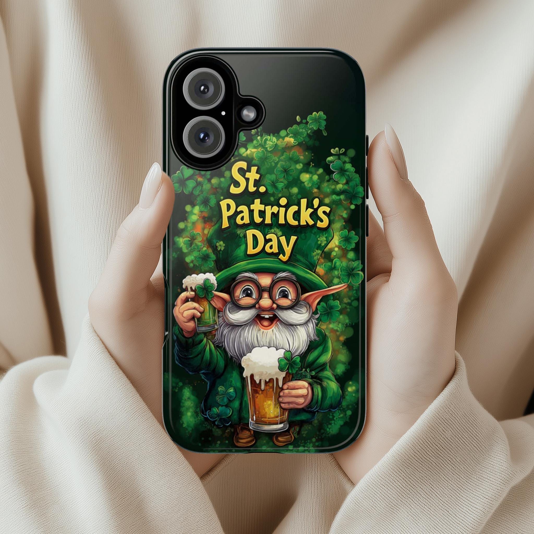 St. Patrick's Day Phone Case with Cute Gnome and Shamrocks, Lucky Irish Inspired Cover for iPhone 16, 15, Samsung Galaxy S24, 457.2