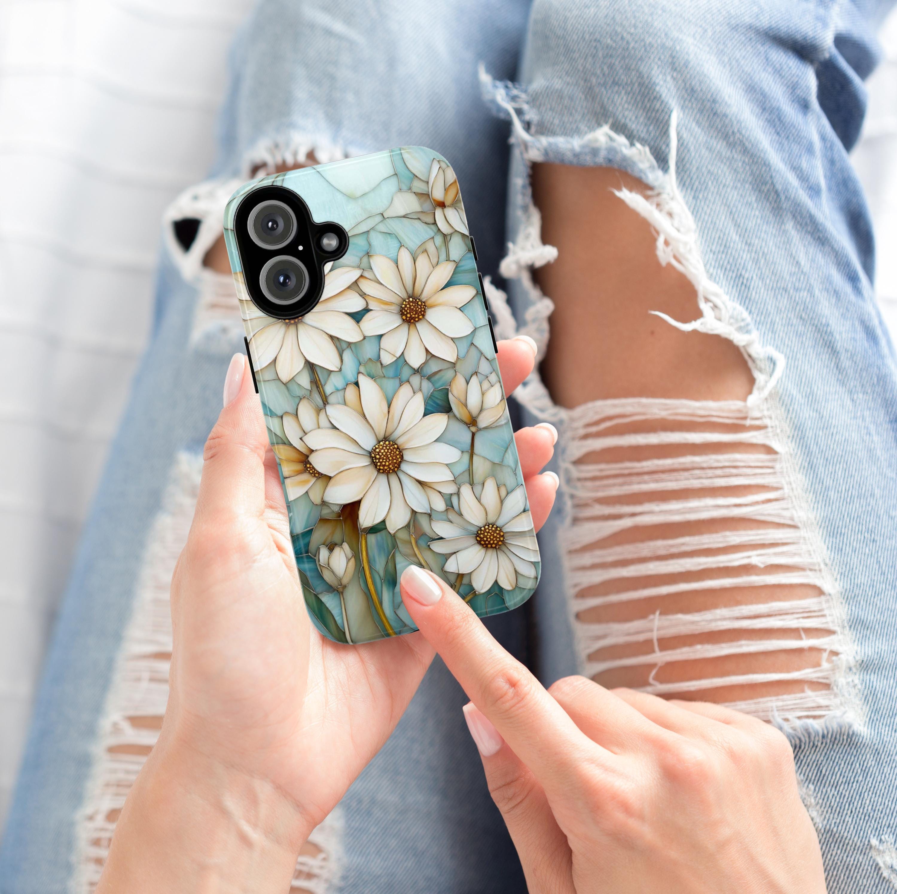 Stained Glass Daisy Floral Phone Case | Elegant Flower Design for iPhone 16 Tough or Magsafe 15 14 13 Plus Pro Max, Galaxy S25, 418.3