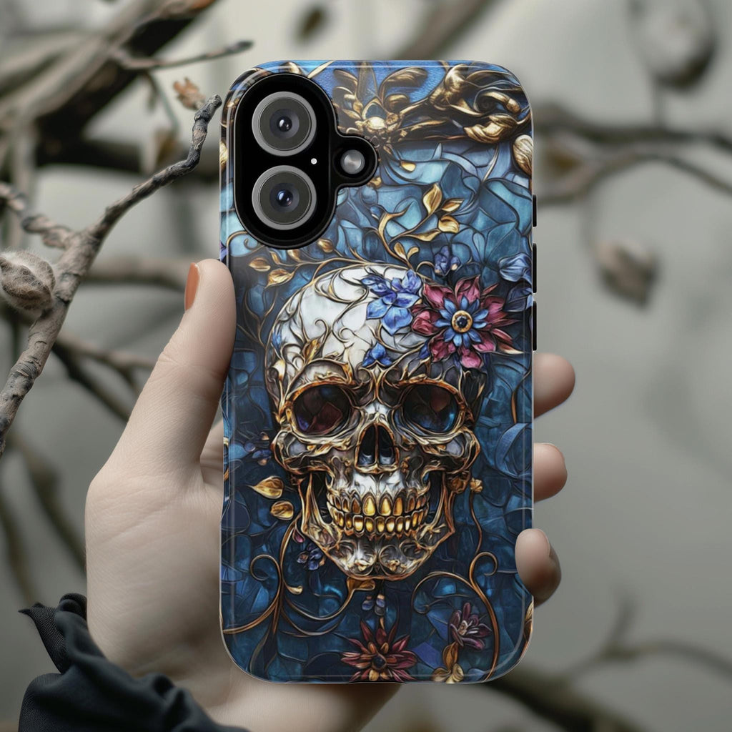 Stained Glass Dark Gothic Skull & Floral Phone Case, Dia de los Muertos Art Design Tough or Magsafe Phone Case for iPhone 16, Samsung, 465.5