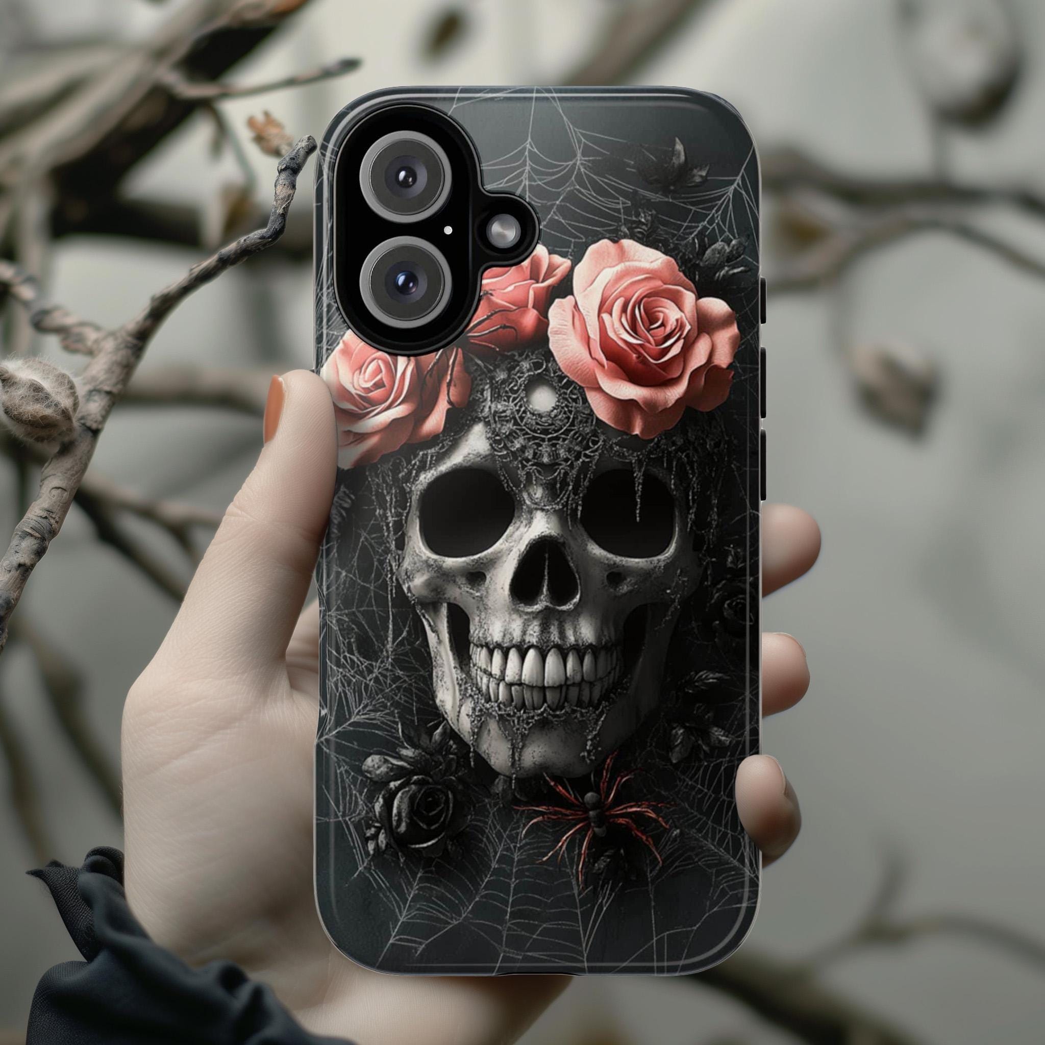 Dark Gothic Pink Roses & Skull Phone Case, Dark Fantasy Art Design, Spider Webs Phone Case for iPhone 16, Samsung S25, Pixel 9, 465.3