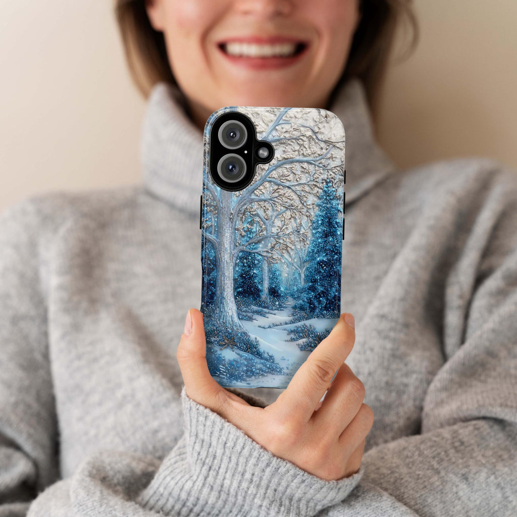 Winter Forest Phone Case,Cozy Holiday Mosaic Snowy Landscape, Frosty Woods Case for iPhone 17 16 15 Tough or Magsafe, Samsung, 481.6
