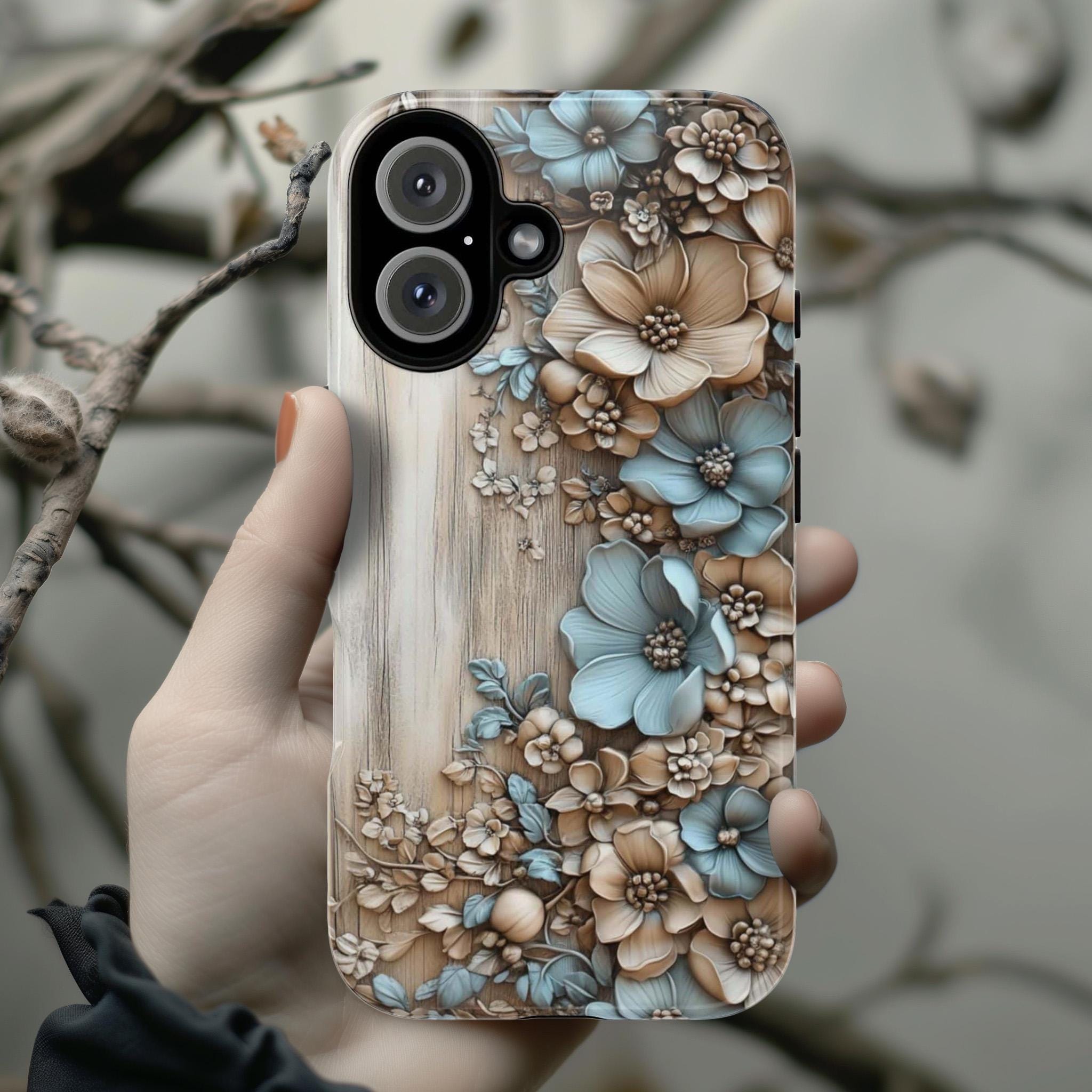 3D Pastel Flowers Art Wood-Carved Phone Case, Elegant Floral Design Phone Cover for iPhone 16 15 Pro Max Plus, Samsung S24, 439.41