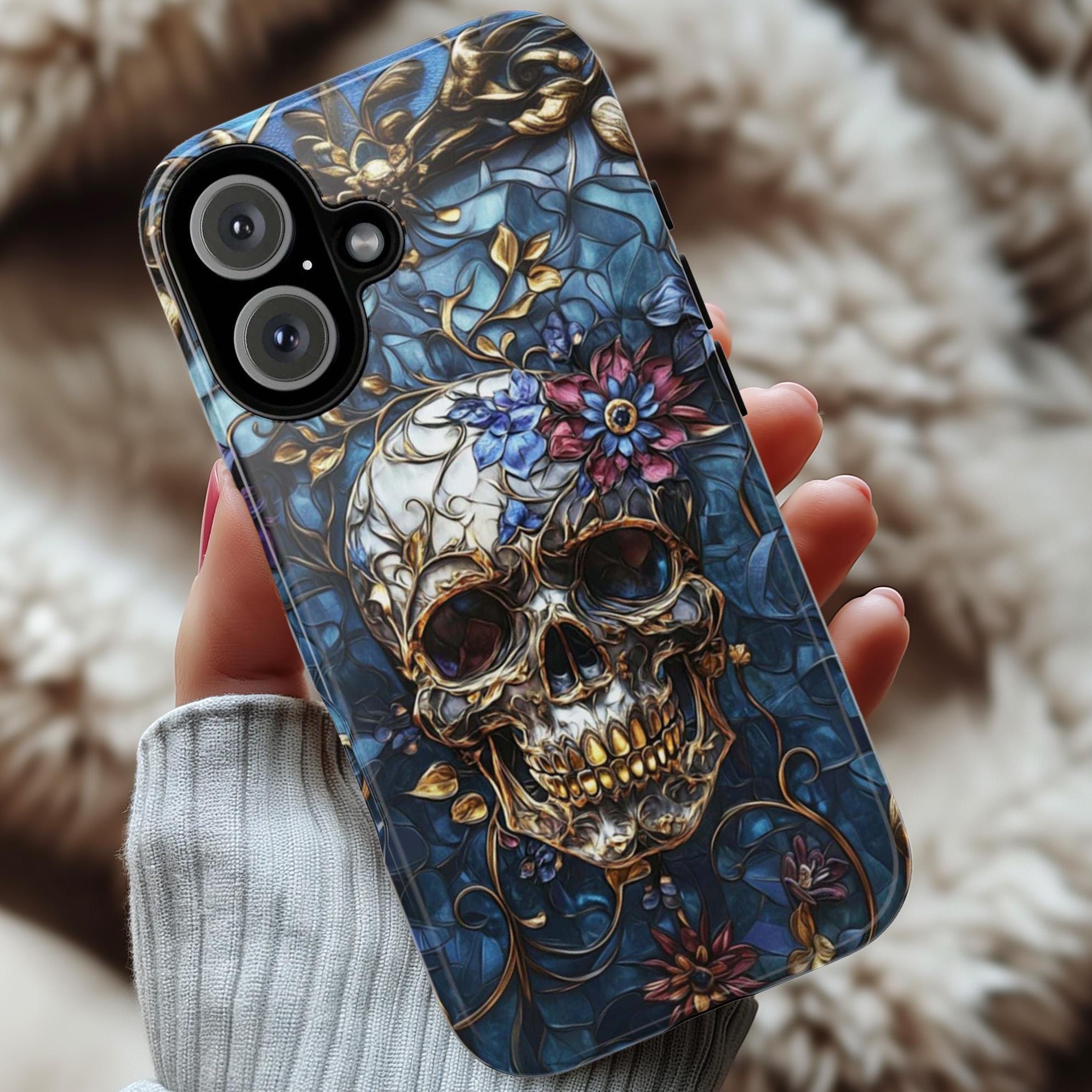 Stained Glass Dark Gothic Skull & Floral Phone Case, Dia de los Muertos Art Design Tough or Magsafe Phone Case for iPhone 16, Samsung, 465.5