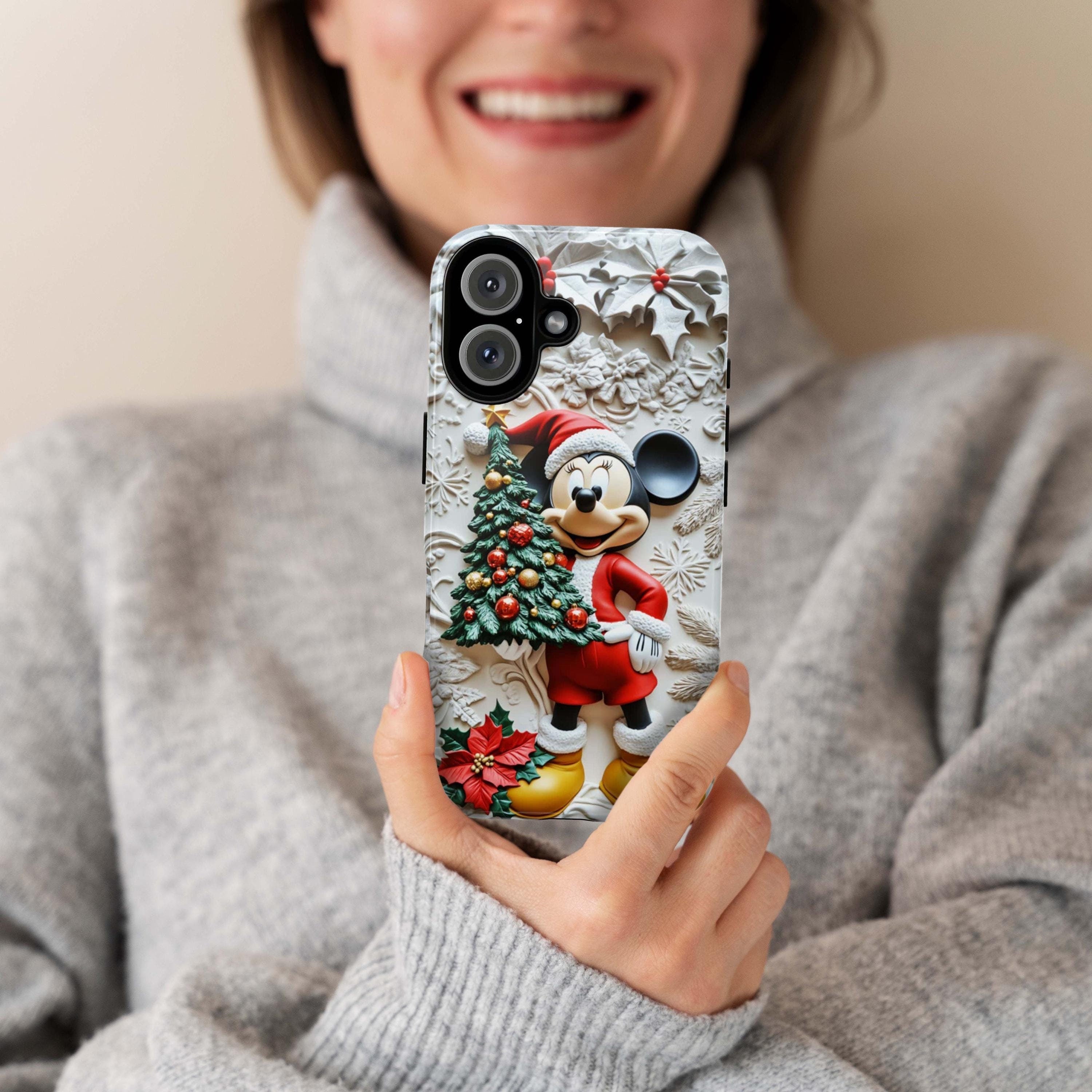 Xmas Mickey Mouse 3D effect Phone Case, Cartoon Design, Santa Mickey Christmas Tree Phone Case for iPhone 16 15 Magsafe, Samsung S24, 442.18