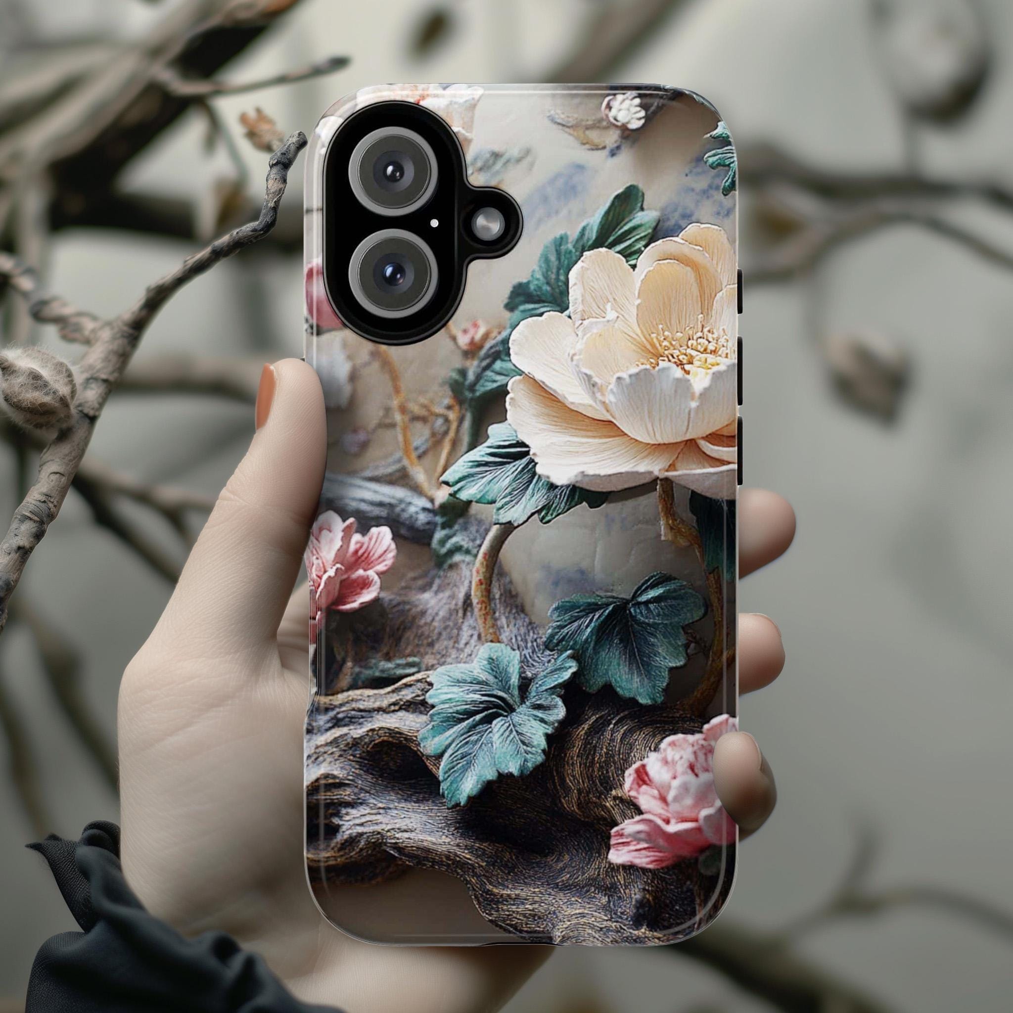 Gothic Botanical Phone Case, 3D Floral Design & Dark Elegance, Pastel Flowers Case for iPhone 16 15 14 13 Tough or Magsafe, Samsung, 476.8