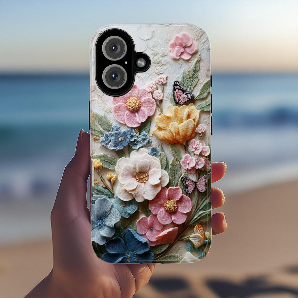 3D Flower and Butterfly Phone Case with Wool Felt Effect, Soft Textured Floral Design Cover for iPhone Tough or Magsafe, Samsung, 476.18