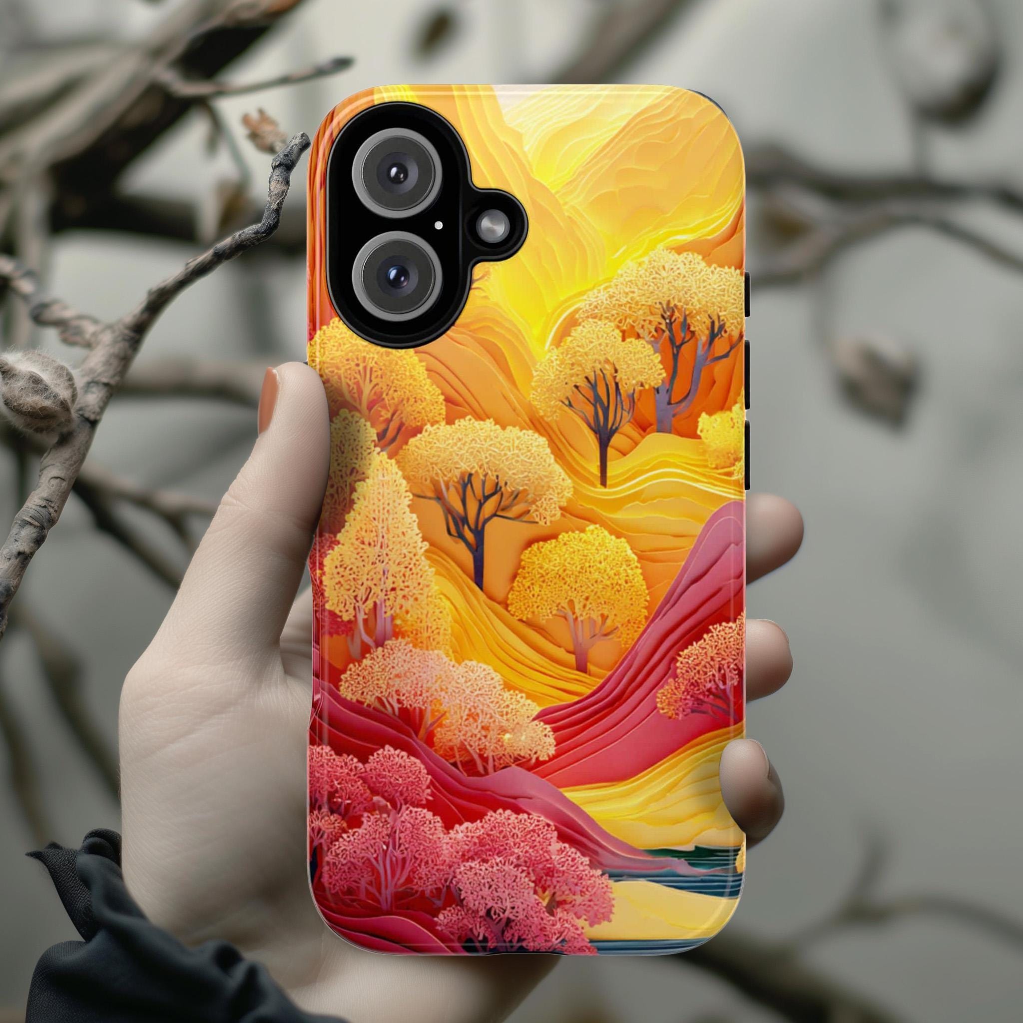 3D Paper Art Phone Case, Autumn Forest & Mountain Cover, Yellow Orange Fall for iPhone 16 15 14 13 Tough or Magsafe, Samsung, 470.15