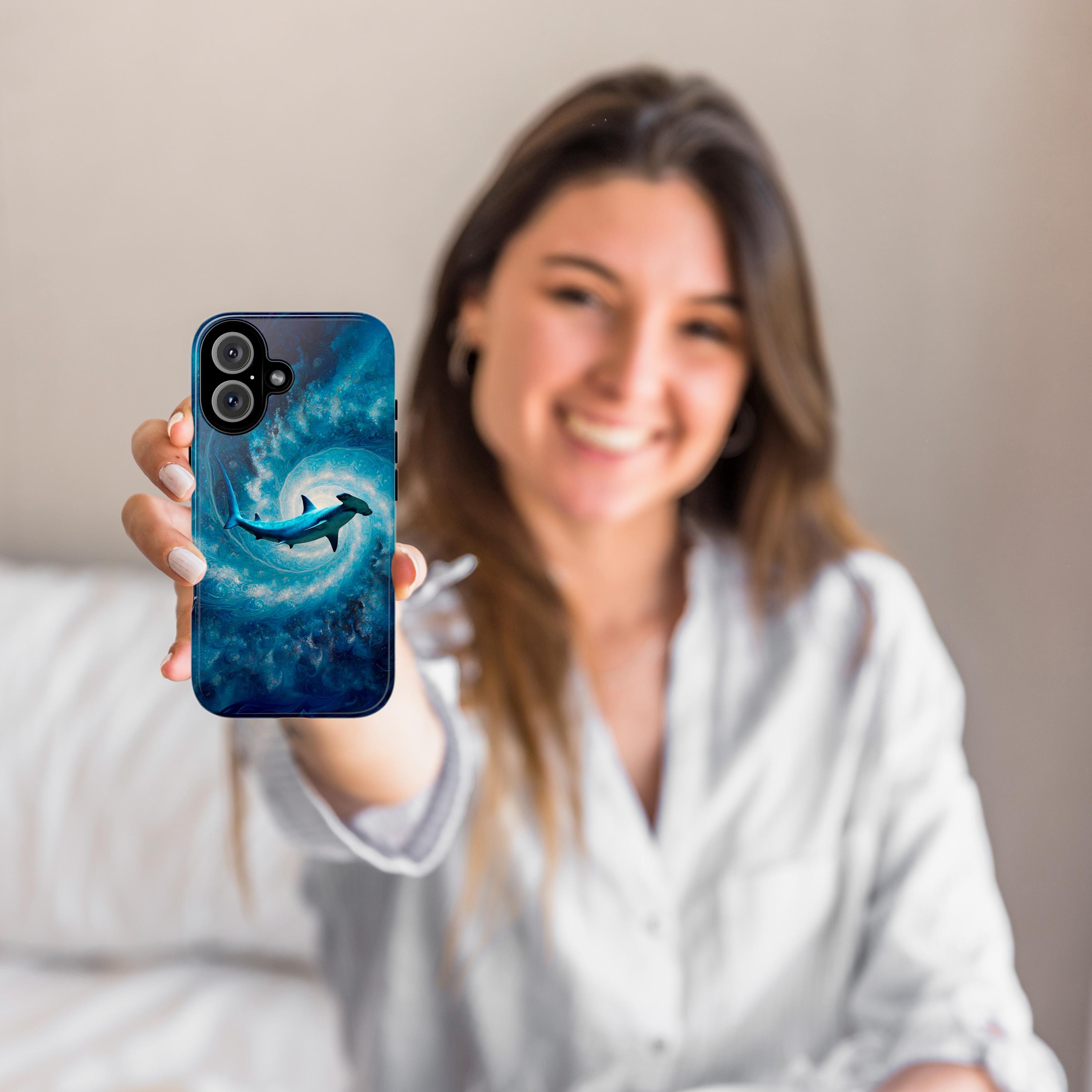 Ocean Inspired Phone Case with Shark Design, Blue Aesthetic Protective Cover, Unique Marine Life Gift for iPhone and Android Models, 466.11