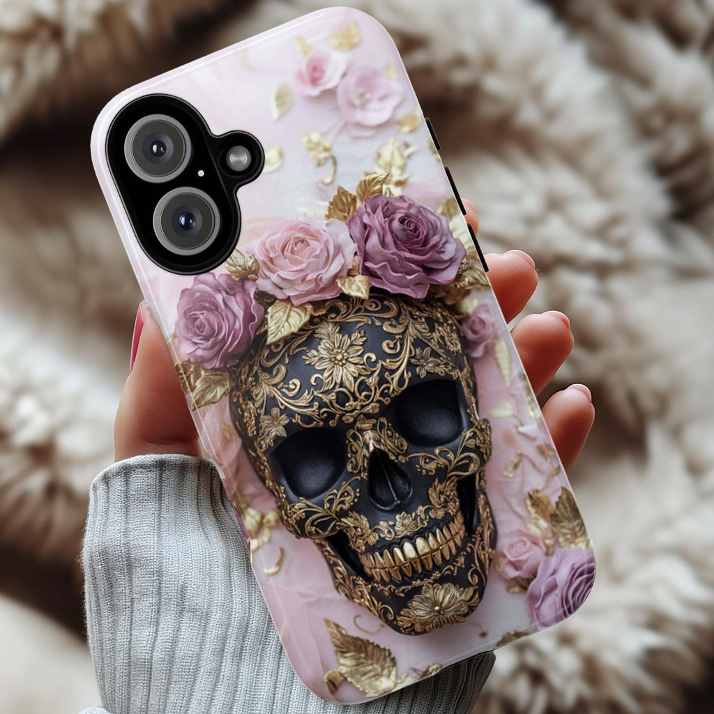 Dark Gothic Skull & Floral Phone Case, Fantasy Art Design, Pink Roses Cover Tough or Magsafe Phone Case for iPhone 16, Samsung S25, 465.21