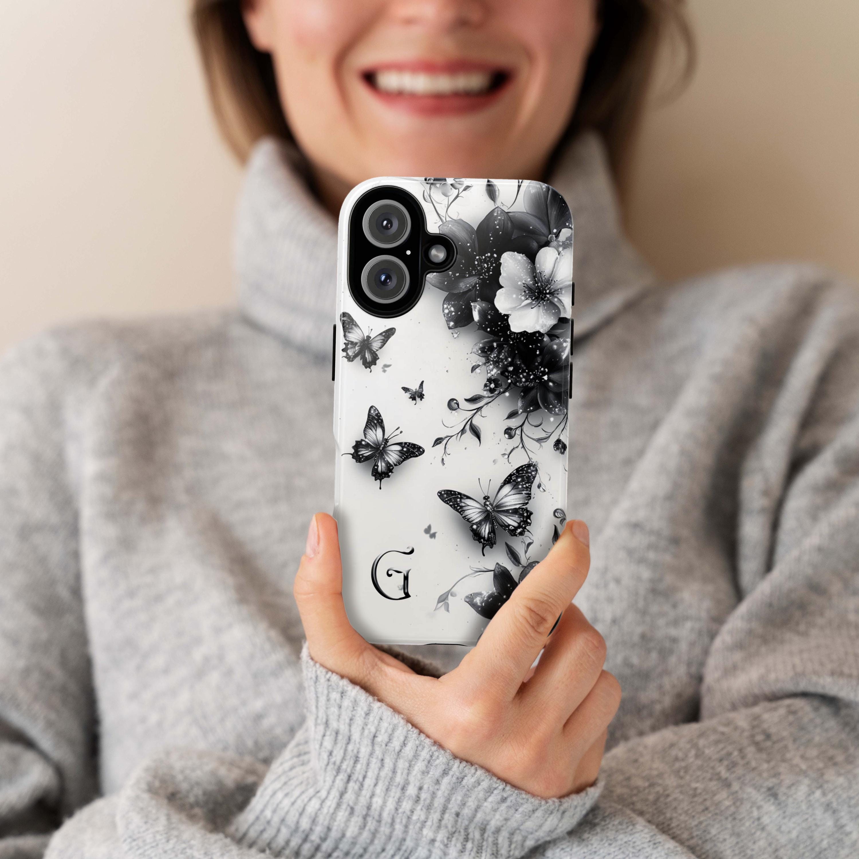 Black Floral Butterfly & Custom Monogram Phone Case, Personalized Monogrammed Design for iPhone 16 15 14 Tough or Magsafe, Samsung, 469.3