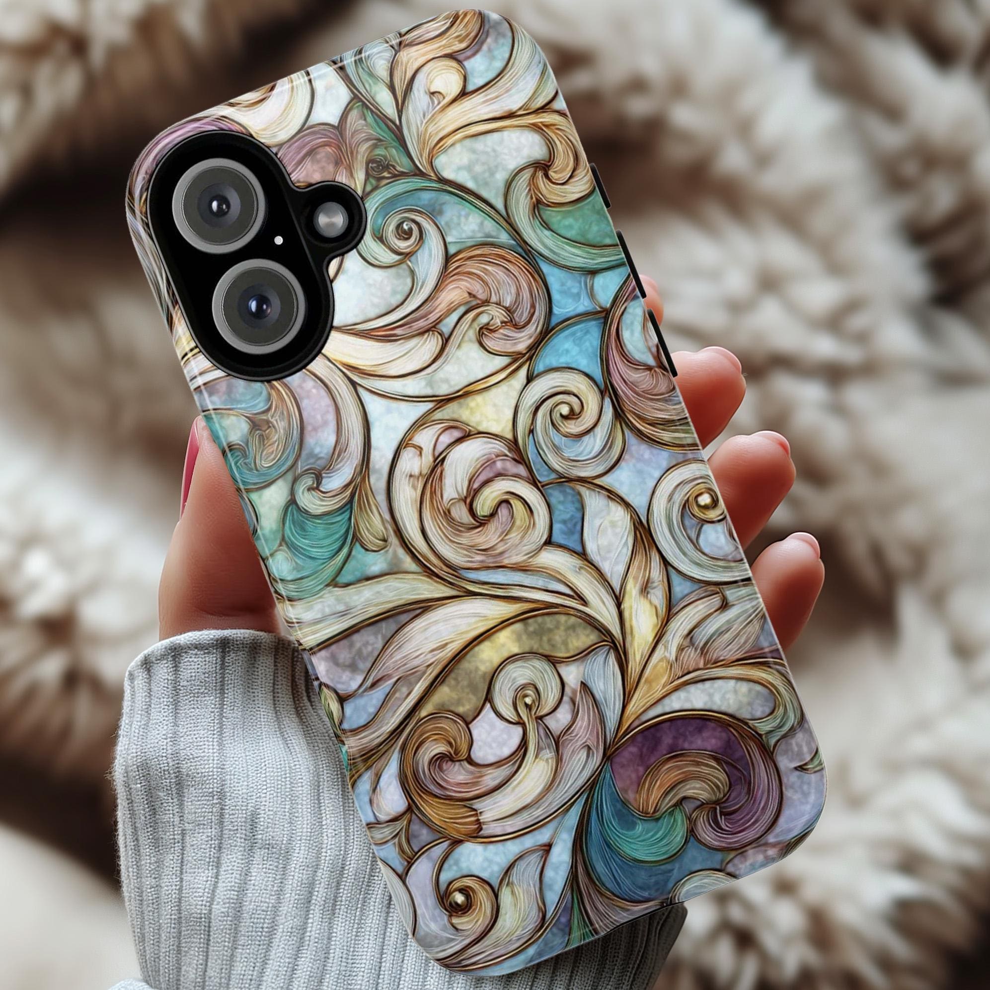 Pastel Abstract Phone Case with Elegant Pattern, Stained Glass Style, Artistic Phone Cover for iPhone MagSafe and Tough Case, Samsung, 478.9