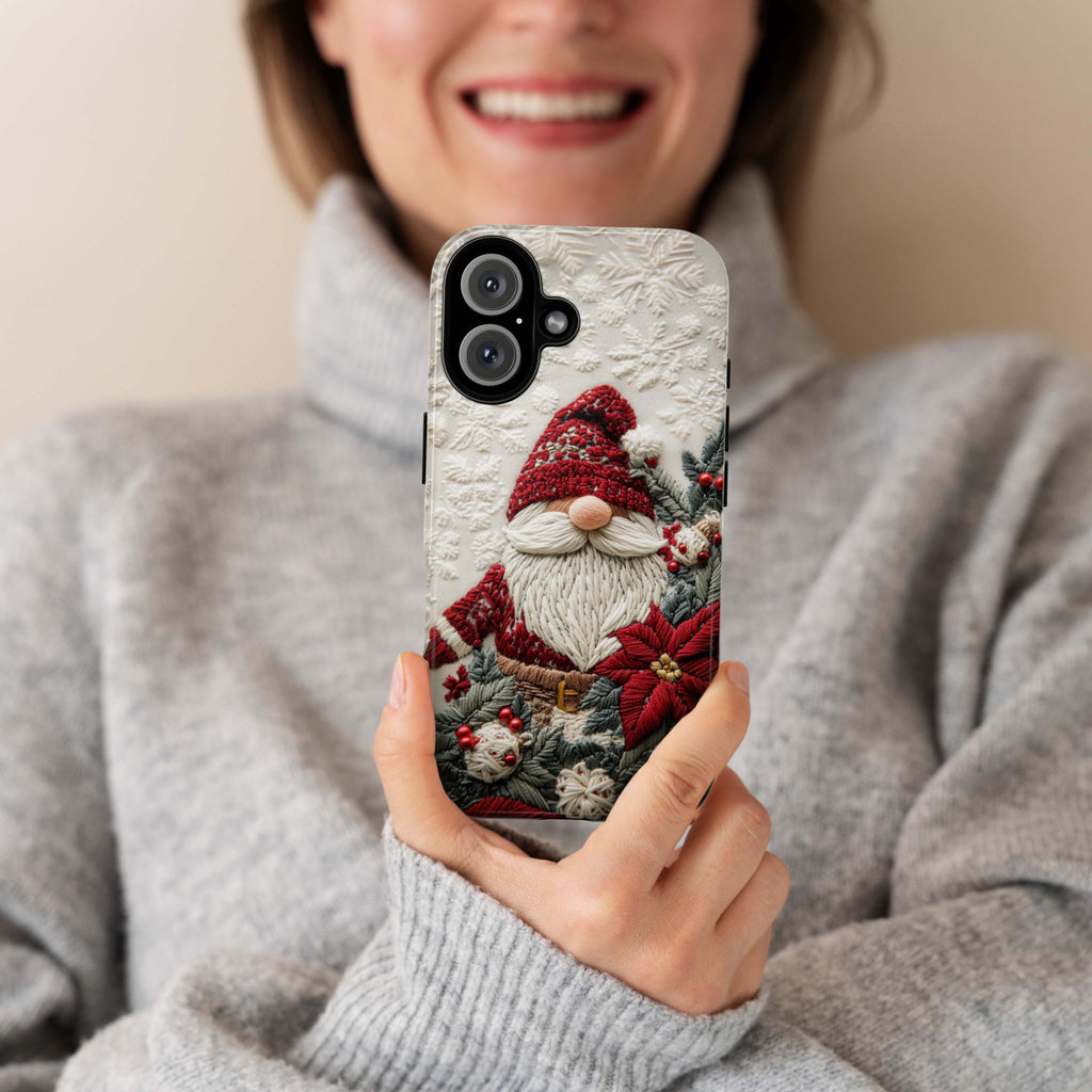 Christmas Gnome Phone Case, Poinsettia Florals Festive Holiday Gnome Design Snow Cover for iPhone 17 16 15 Tough or Magsafe, Samsung, 444.8