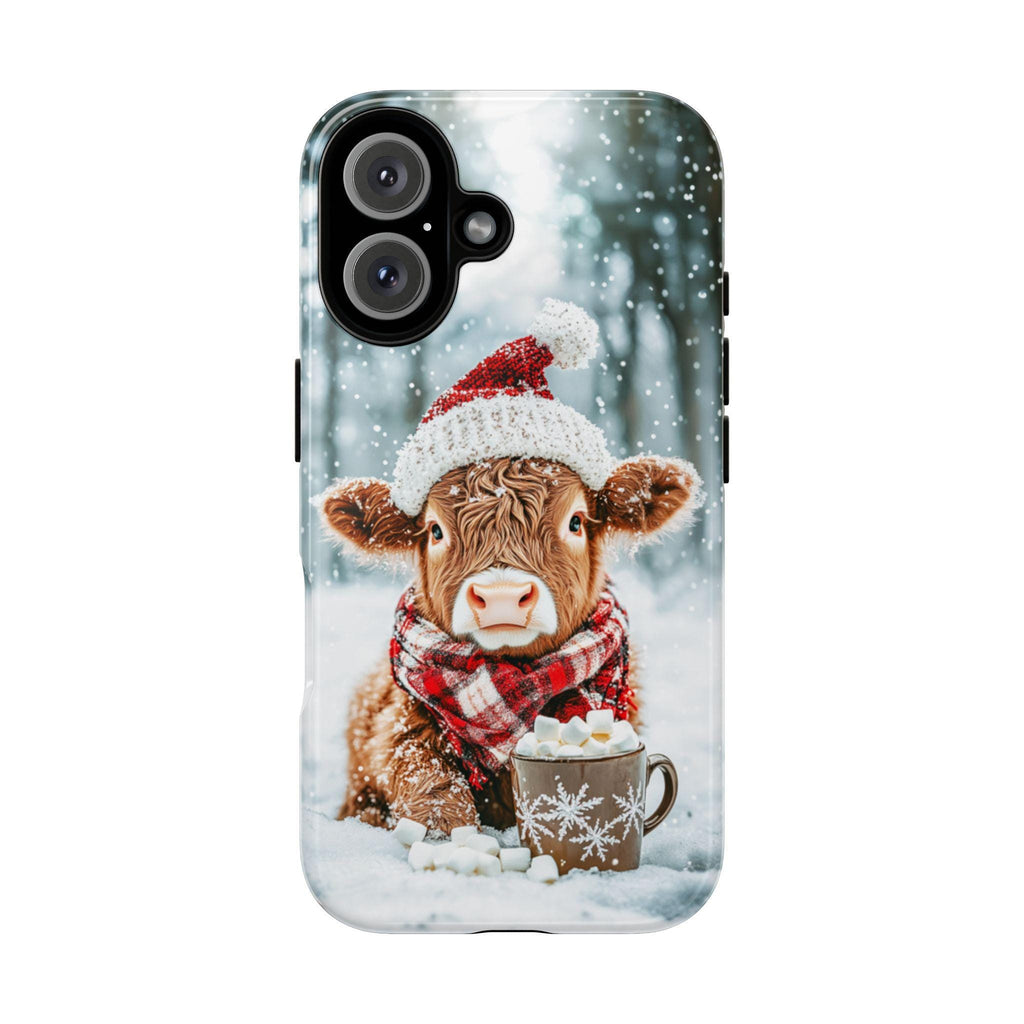 Christmas Highland Cow & Winter Forest Phone Case, Festive Xmas Hot Chocolate Marshmellow iPhone 16 15 14 13 Pro Max, Samsung S24, 440.4