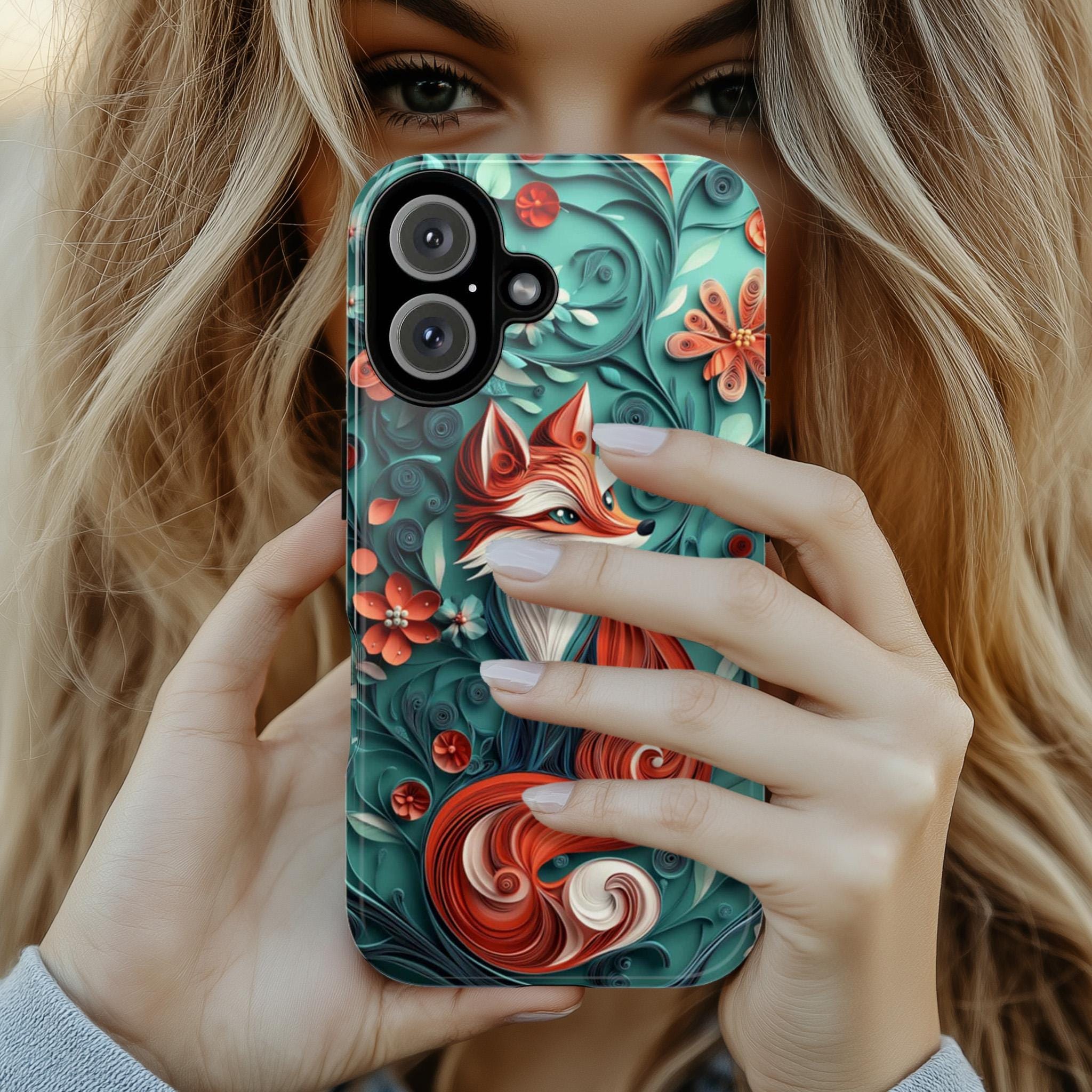 3D Fox and Floral Paper Art Phone Case, 3D effect Forest Phone Cove, Artistic Woodland Style Cover for iPhone Tough or MagSafe, 470.9