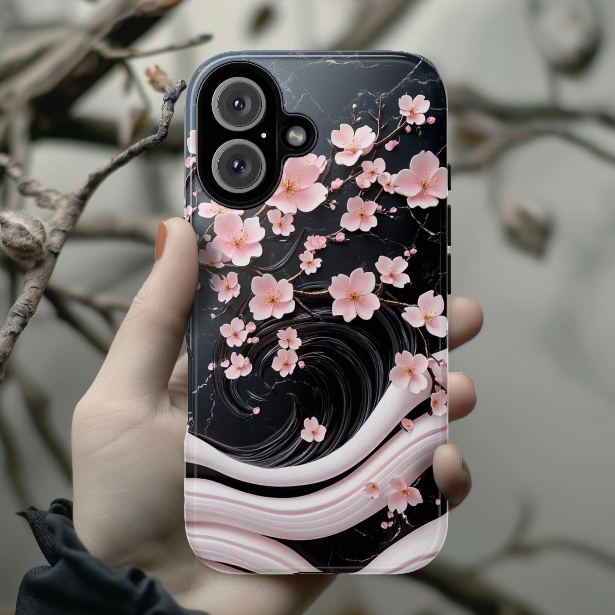 Pink Cherry Blossom 3D Elegant Phone Case, Black Pink Japanese Art Cover, Floral Sakura Case for iPhone 16 15 14 Magsafe, Samsung S25, 469.5