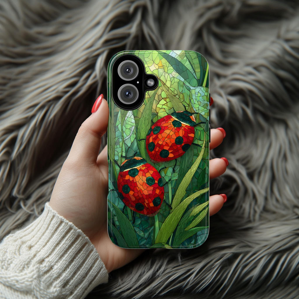 Stained Glass Ladybugs & Plants Phone Case, Artistic Nature Cover, Garden Design for iPhone 16 15 14 13 Tough or Magsafe, Samsung, 478.1