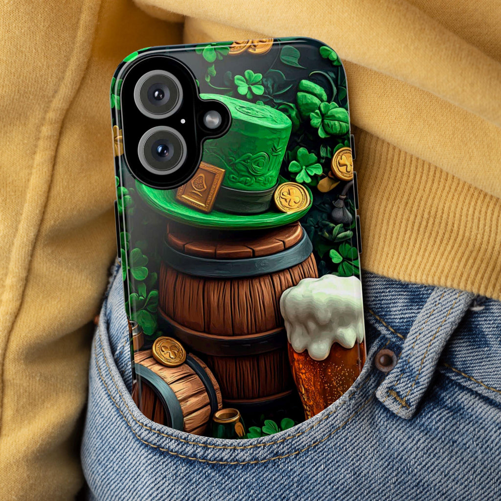 St. Patrick's Day Phone Case with Lucky Shamrocks and Cheerful Beer, Lucky Irish Inspired Cover for iPhone 16, 15, Samsung Galaxy S24, 457.3