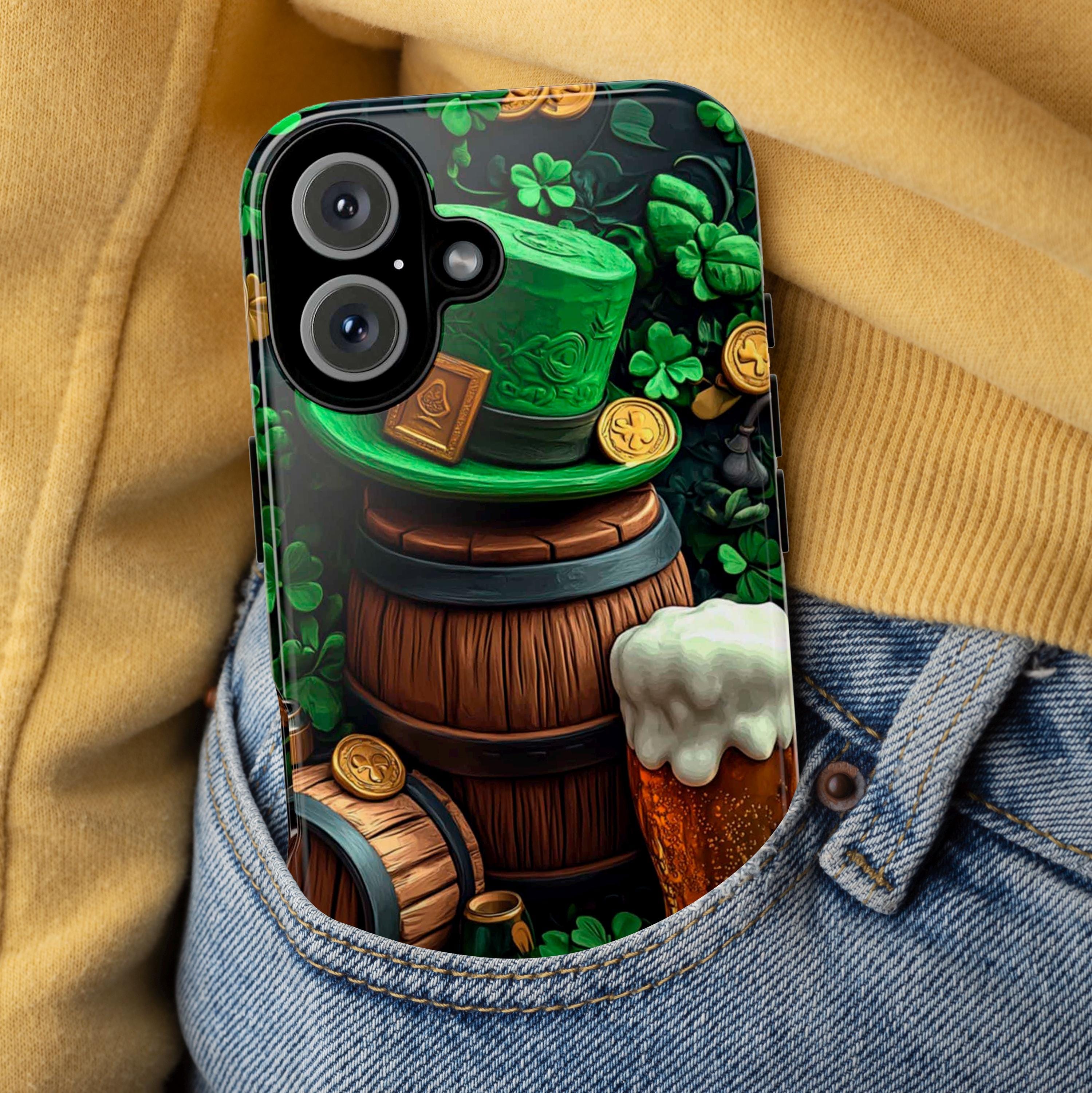 St. Patrick's Day Phone Case with Lucky Shamrocks and Cheerful Beer, Lucky Irish Inspired Cover for iPhone 16, 15, Samsung Galaxy S24, 457.3